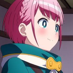 closeup illustration of an anime girl with pink hair styled in a braid. she has large blue eyes, rosy cheeks, and a gentle smile. she's wearing a green and white collared shirt with a gold clasp. the background suggests an indoor setting.
