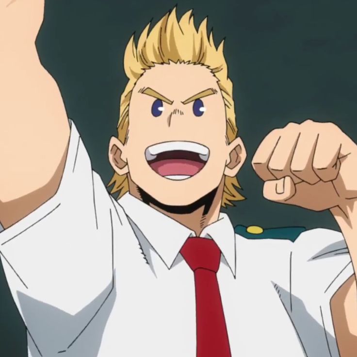 the image shows a male anime character with blonde hair, wearing a white shirt and red tie, smiling with his fist clenched. the character is from the popular anime series my hero academia. he appears to be a student in the school uniform, possibly a hero in training.
