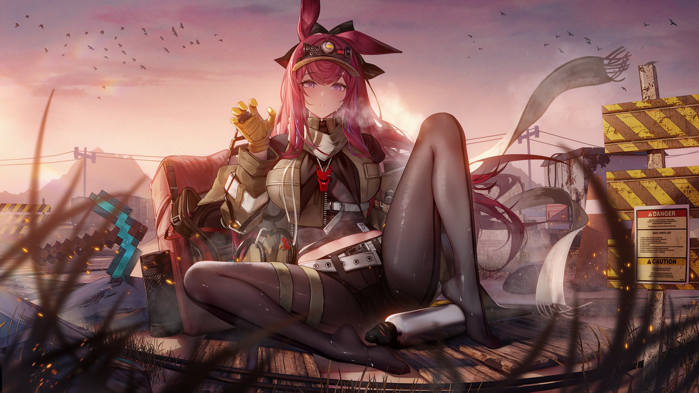 the image depicts an animestyle girl with long pink hair sitting on a wooden platform in a postapocalyptic setting. she's wearing black tights, a tan jacket, gloves, and goggles.  a large backpack is beside her, and a minecraftstyle pickaxe is visible in the foreground.  she appears to be smoking something. the background shows a sunset over a desolate landscape with danger and caution signs, adding to the postapocalyptic atmosphere. the overall style is a blend of anime, steampunk, and fantasy elements.