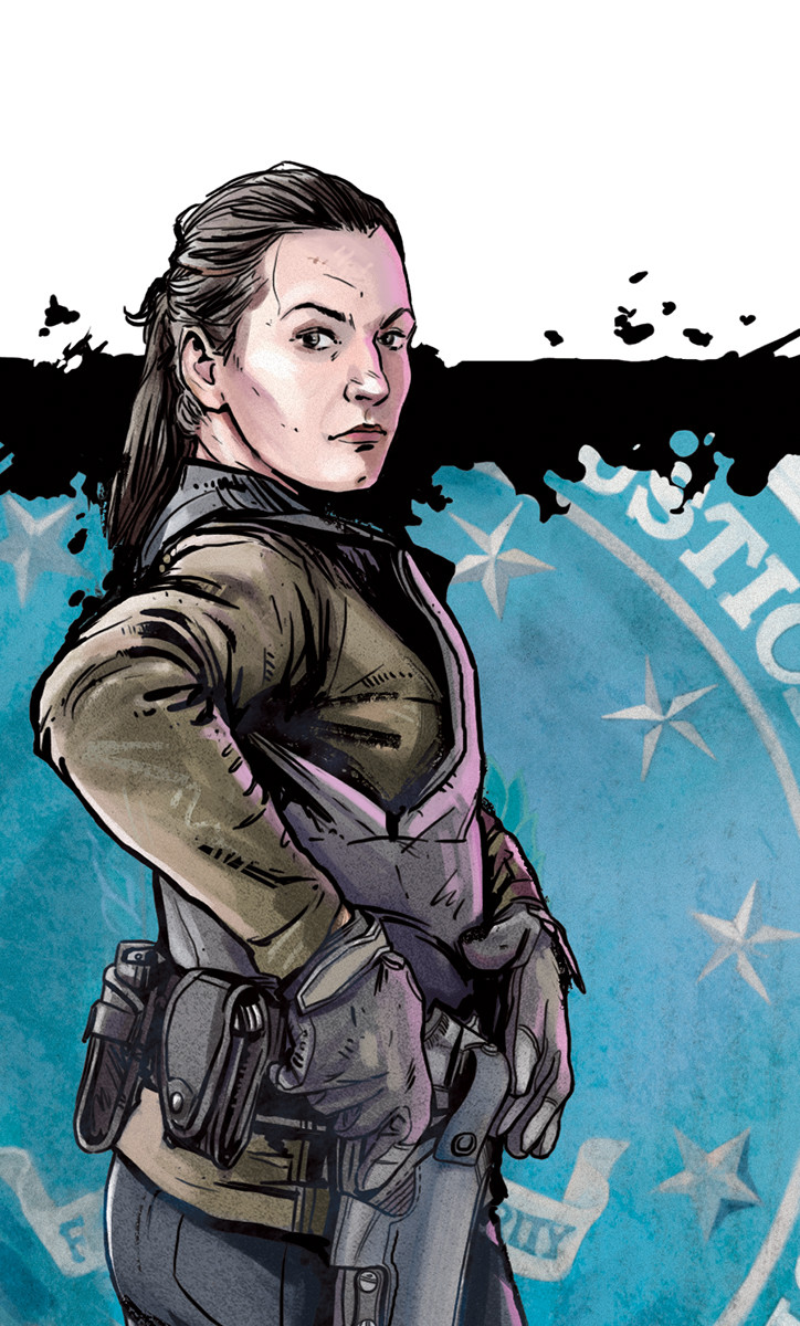 the image is a stylized illustration of a woman, possibly a police officer or soldier, in a futuristic setting.  she's depicted from the waist up, her expression serious and determined. she's wearing a greyishbrown jacket with tactical gear including a holster with a visible weapon, and gloves. a partially visible insignia with stars and the word "justice" suggests a law enforcement or military affiliation. the background features a teal wash with a circular emblem. the overall style is reminiscent of comic book or graphic novel artwork.