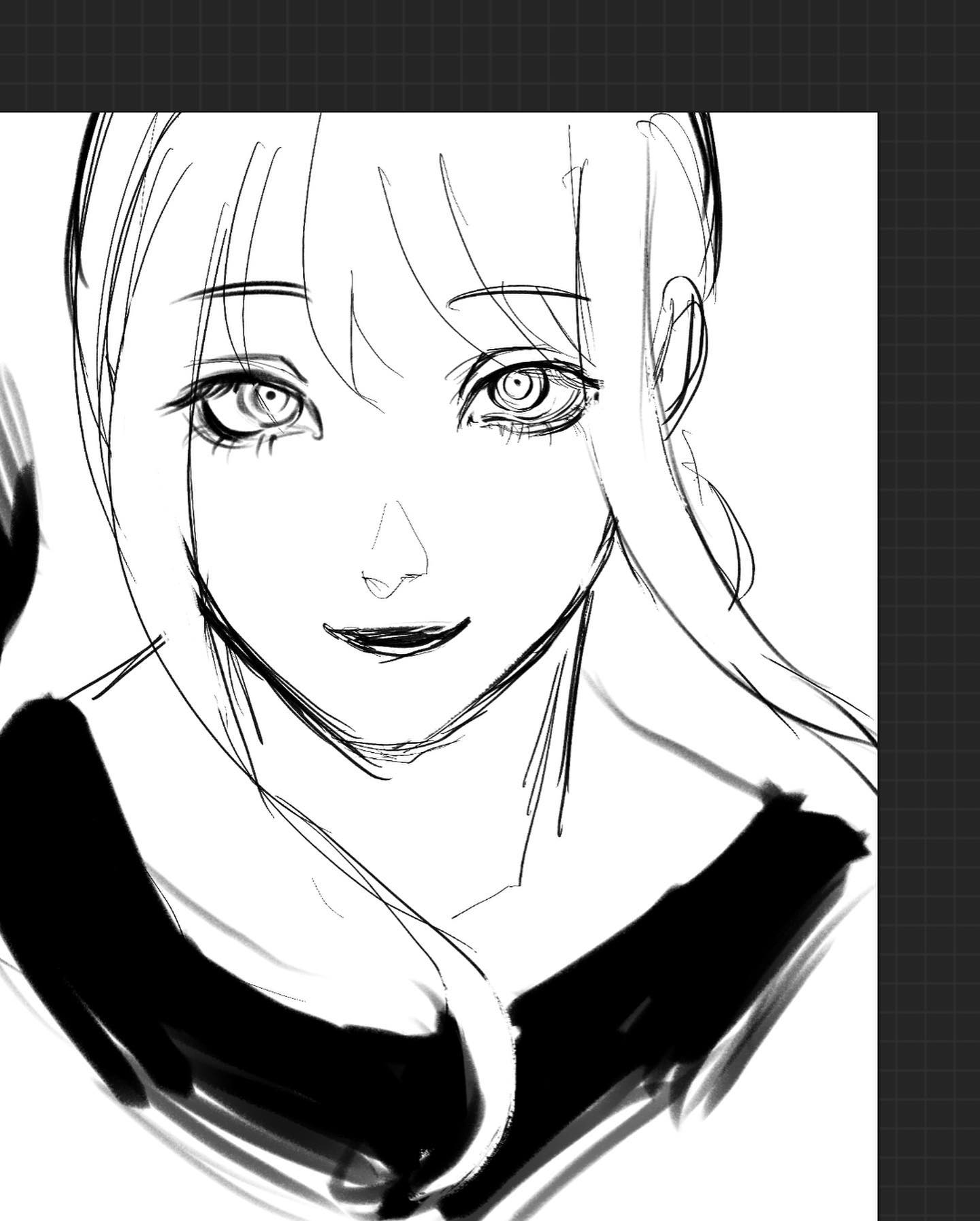 a sketch of an anime woman's face and hair, from the side. she has long black hair and is looking to the side.  the background is white.