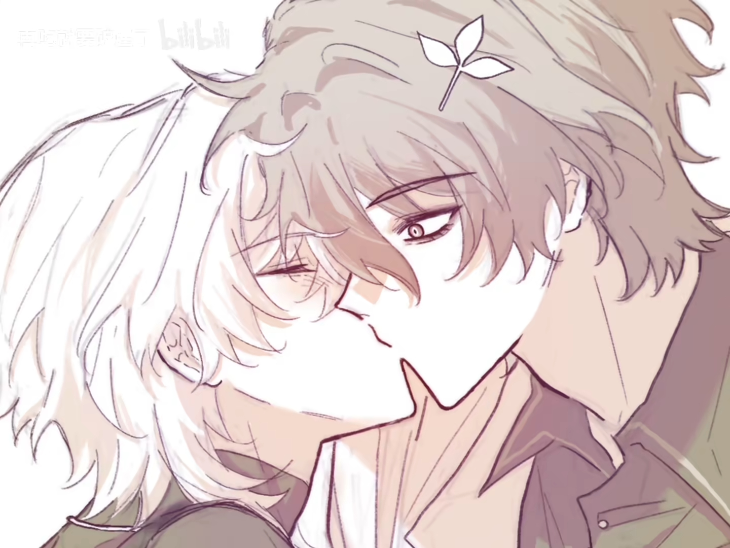 an animestyle illustration showing two males kissing. the male on the left has short, white hair and his eyes are closed. the male on the right has short, brown hair with a leaf accessory in it and his eyes are open.