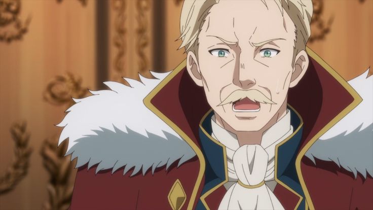 this is a closeup image of an anime character. it appears to be an older white man with a mustache. he has a serious expression on his face with his eyes open wide and his mouth open as if he is speaking. he is wearing a red and white royal gown.