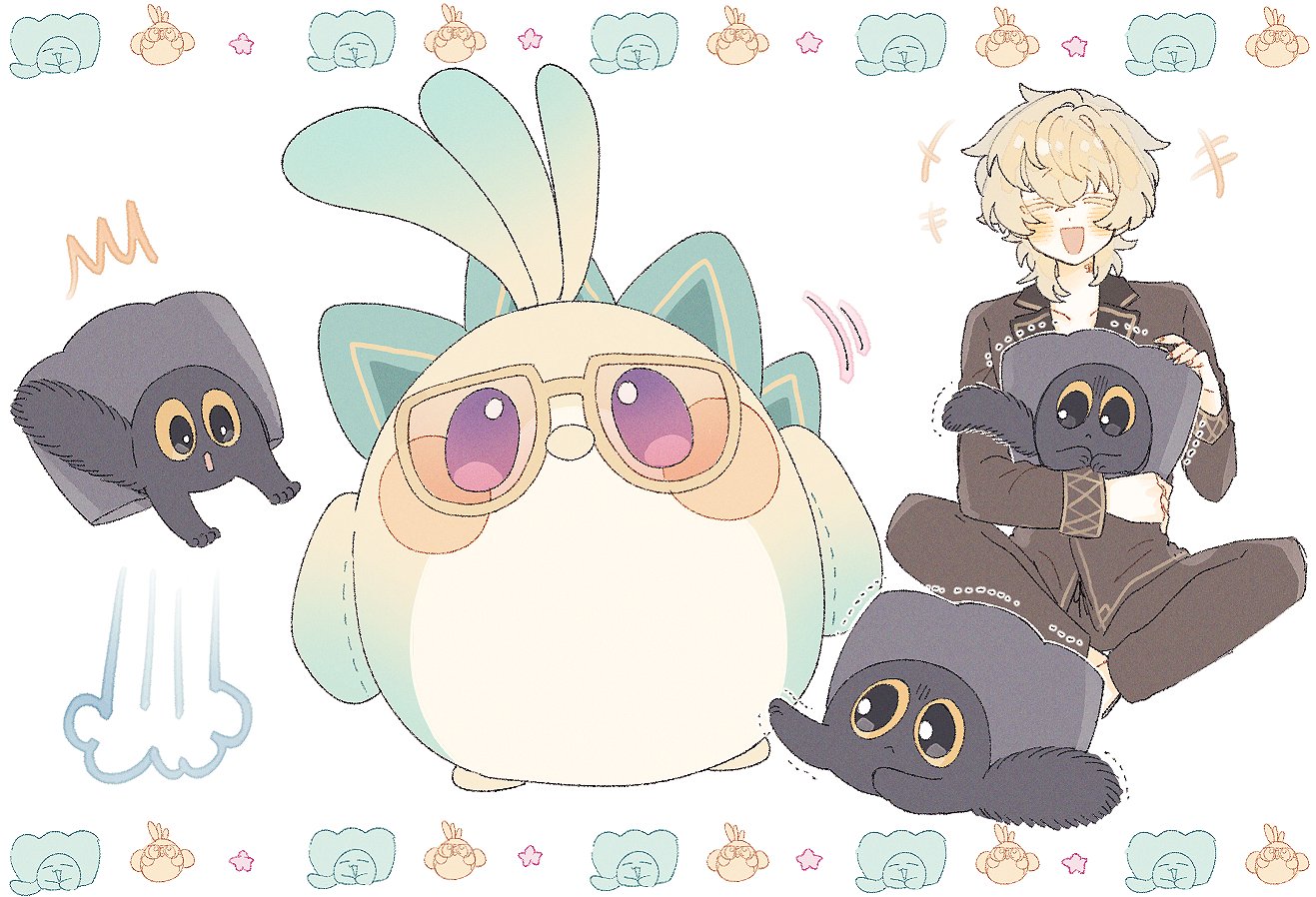 he image is a digital illustration featuring an animestyle boy with blond hair happily holding a darkgrey plush toy.  beside him is a large, round, lightcolored plush toy with a teal crest and sunglasses. a smaller, darkgrey plush toy is leaping in the background, leaving a trail of motion lines.  all the plush toys have large, expressive eyes. the background is decorated with small, repeating pastelcolored images of bunnies and clouds. the overall style is very soft, cute, and playful.