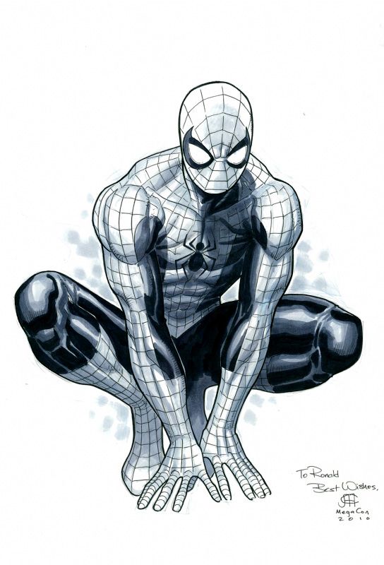 a black and white illustration of spiderman in a crouching pose. he is drawn in a manga/anime style with exaggerated muscles and details. he is wearing his classic red and blue costume, with his mask pulled down over his eyes. the drawing is signed by the artist "megacon 2014" and dedicated to "ronald."