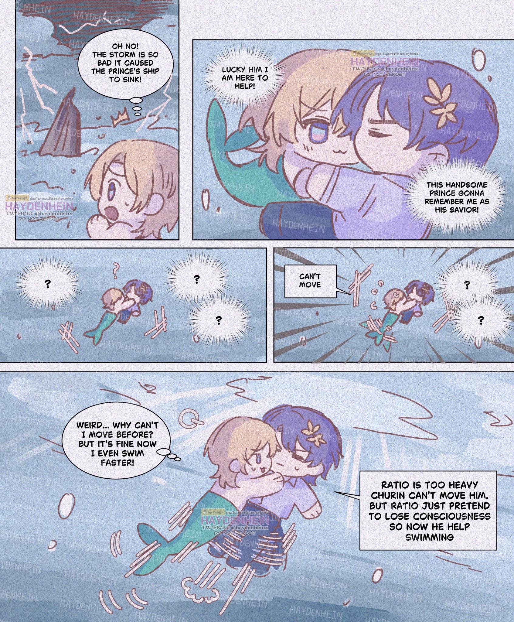 the image shows a comic strip about a mermaid who saves a prince from sinking with his ship. the prince is unable to swim on his own, but the mermaid is able to save him.