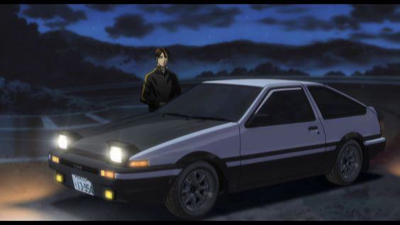 the image showcases a classic japanese sports car, a toyota ae86 sprinter trueno, in a dark, nighttime setting. the car, painted in a sleek silver with a black hood, is parked on what appears to be an empty road. its headlights illuminate the scene, casting a yellow glow on the asphalt. a young man with brown hair, dressed in a black jacket with yellow accents, stands beside the car, looking towards the viewer. the overall ambiance is evocative of a street racing scene, often depicted in anime and manga. the background features a shadowy landscape, suggesting the location could be a remote mountainous area. the limited palette, dominated by shades of gray and blue, reinforces the somber mood of the scene.