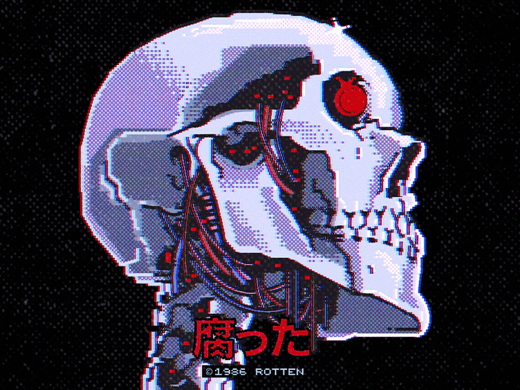 the image showcases a pixelated human skull in profile, intricately intertwined with wires and mechanical components, embodying a cyberpunk aesthetic. the skull's right eye socket houses a glowing red orb with a black center, connected to a network of wires that weave throughout its structure. the japanese text "腐った" (meaning "rotten" in english) is emblazoned across the skull's jawline, with the copyright notice "©1986 rotten" positioned beneath it. the artwork is set against a black background, punctuated by subtle white noise, further amplifying the retrofuturistic ambiance.
