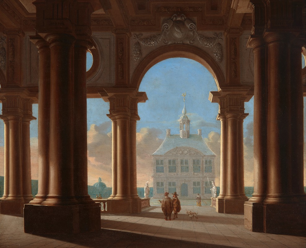 this is a painting depicting a classical architectural scene. a courtyard framed by massive columns and arches leads the eye to a grand building in the distance. two figures in period clothing stand with a dog in the courtyard, while statues decorate the balustrade. the sky is visible through the arches, with soft clouds. the architectural details are ornate and emphasize the grandeur of the scene. the perspective draws the viewer into the space.