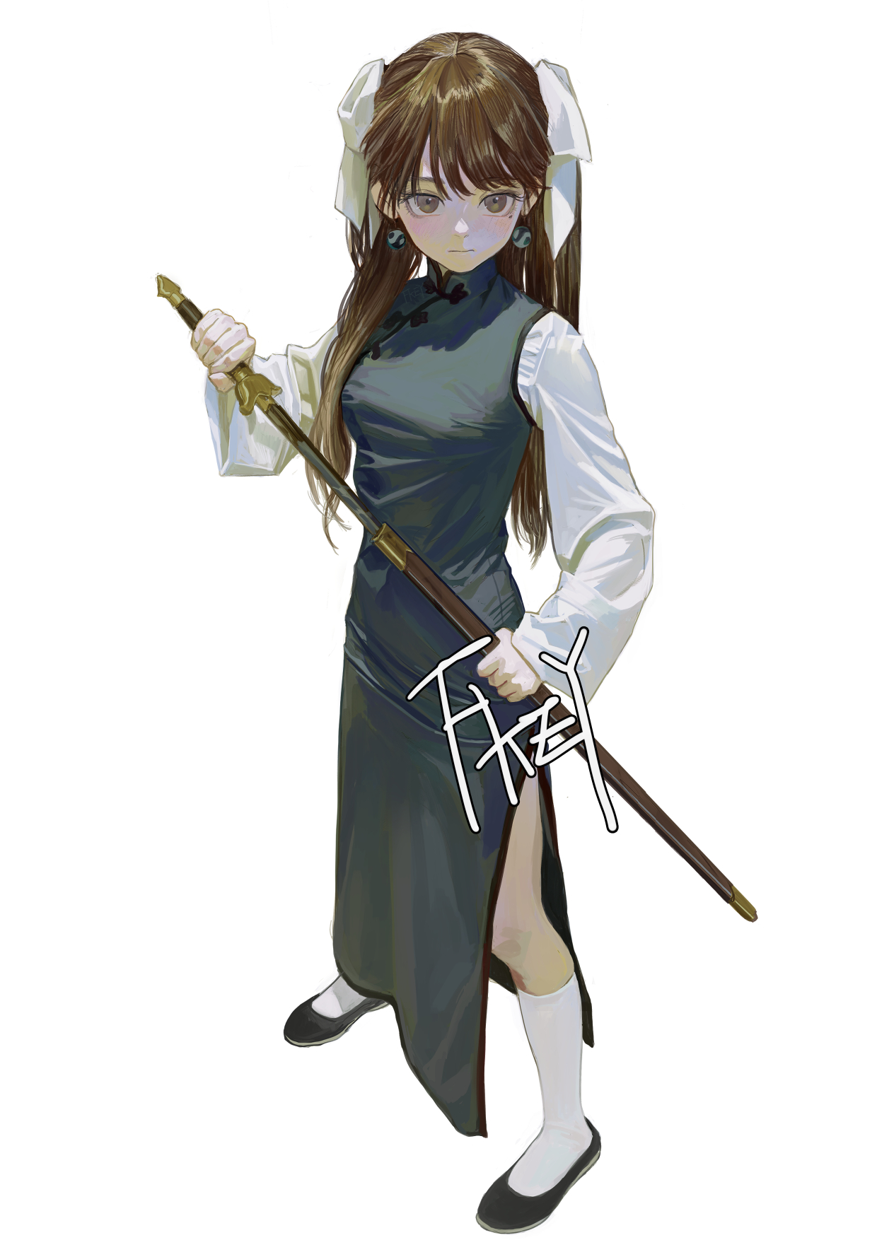 a full body anime style illustration of a girl with brown hair tied in pigtails with white ribbons, wearing a white shirt under a dark green qipao with a side slit, white socks, and black shoes. she is standing and holding a sword.