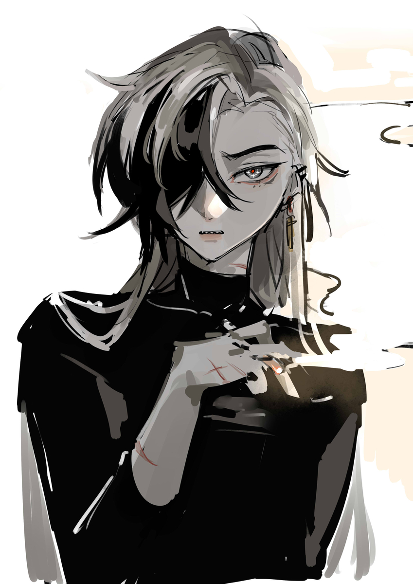 a sketch of an anime woman with long white hair and black eyes wearing an eyepatch, with black clothes, and she's looking serious and determined. she has earring and scars on her hand.  the image is drawn in a dark and mysterious style.