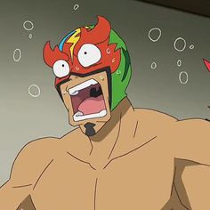 a cartoon drawing of a surprised man with a luchador mask. he is sweating and his mouth is open in shock. the image appears to be a still from an anime.