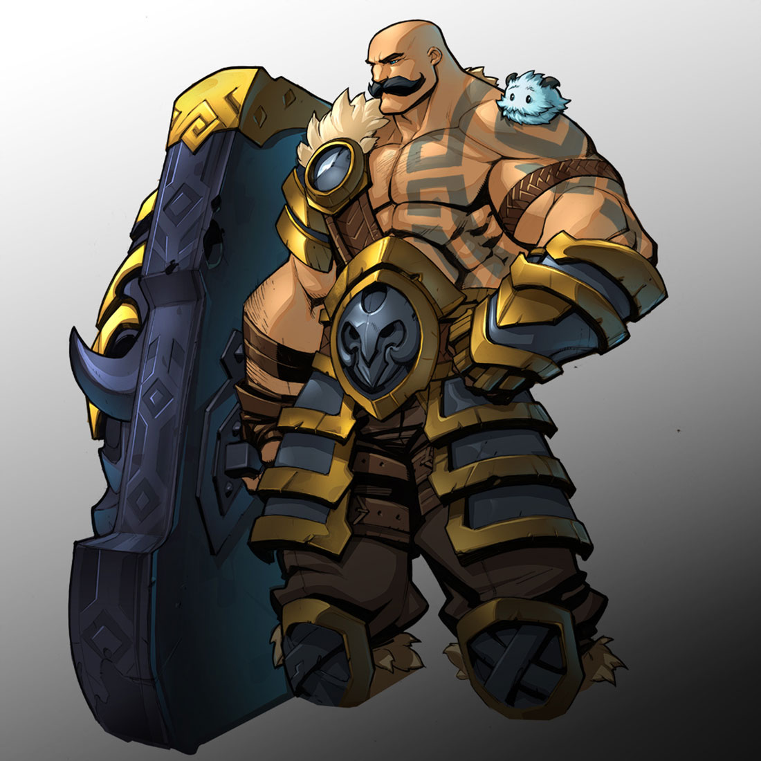 digital painting or illustration of a strong, muscular, bald barbarian warrior with a mustache and tattoos. he's wearing golden and blue armor, carrying a large dark blue shield with golden details. a small, light blue creature is perched on his shoulder. the style is cartoonish and fantasyoriented, suitable for a game character or artwork. the image is highly detailed and wellexecuted.