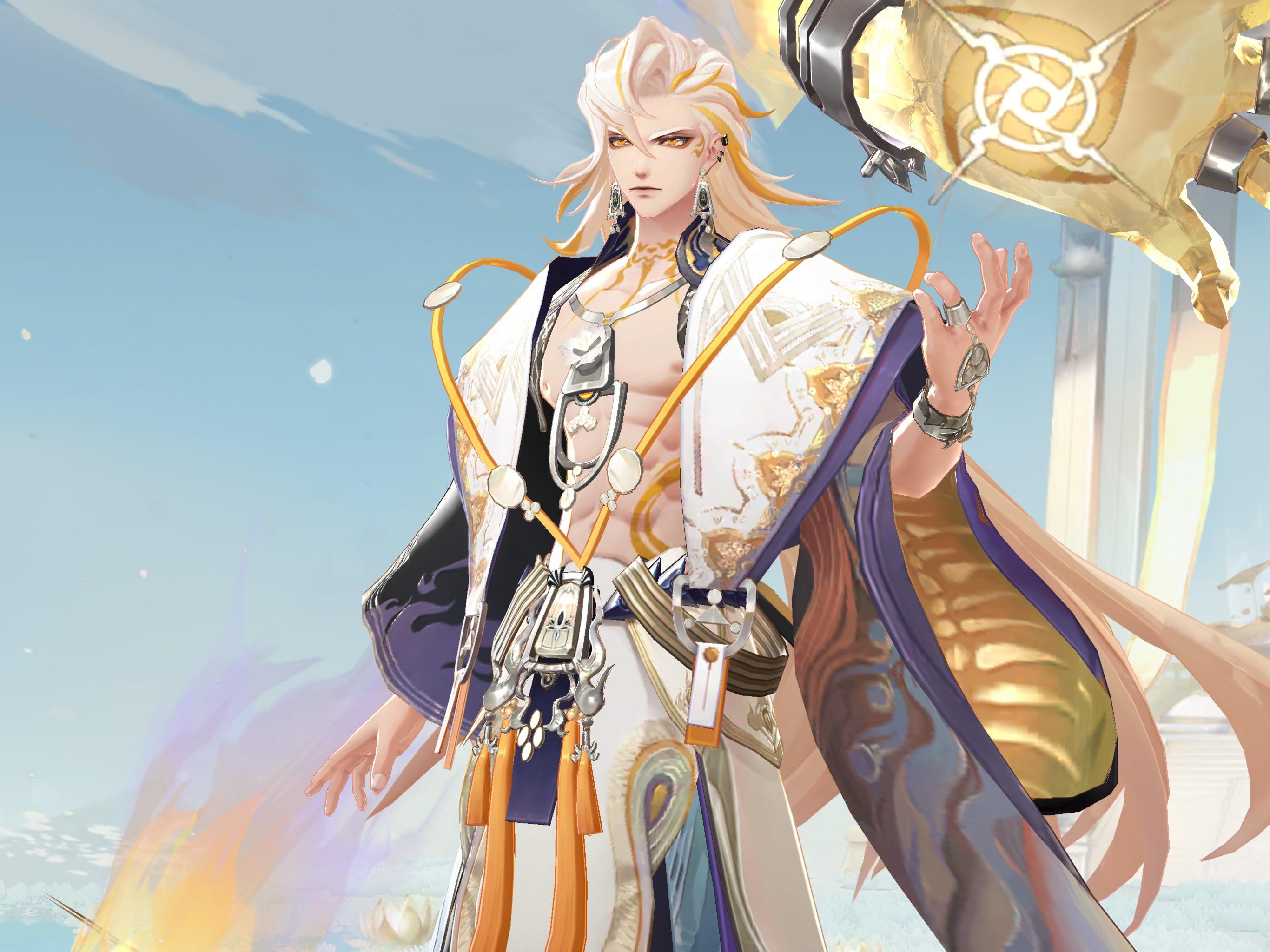 a digital illustration of an anime male character. he has long blonde hair, wearing white and gold clothing, with numerous accessories, including gold chains and bracelets. he is standing with one hand raised and the other resting at his side. his eyes are a striking blue and his expression is confident. he is standing in front of a bright, colorful background with elements that suggest a fantasy world. the art style is vibrant and detailed.