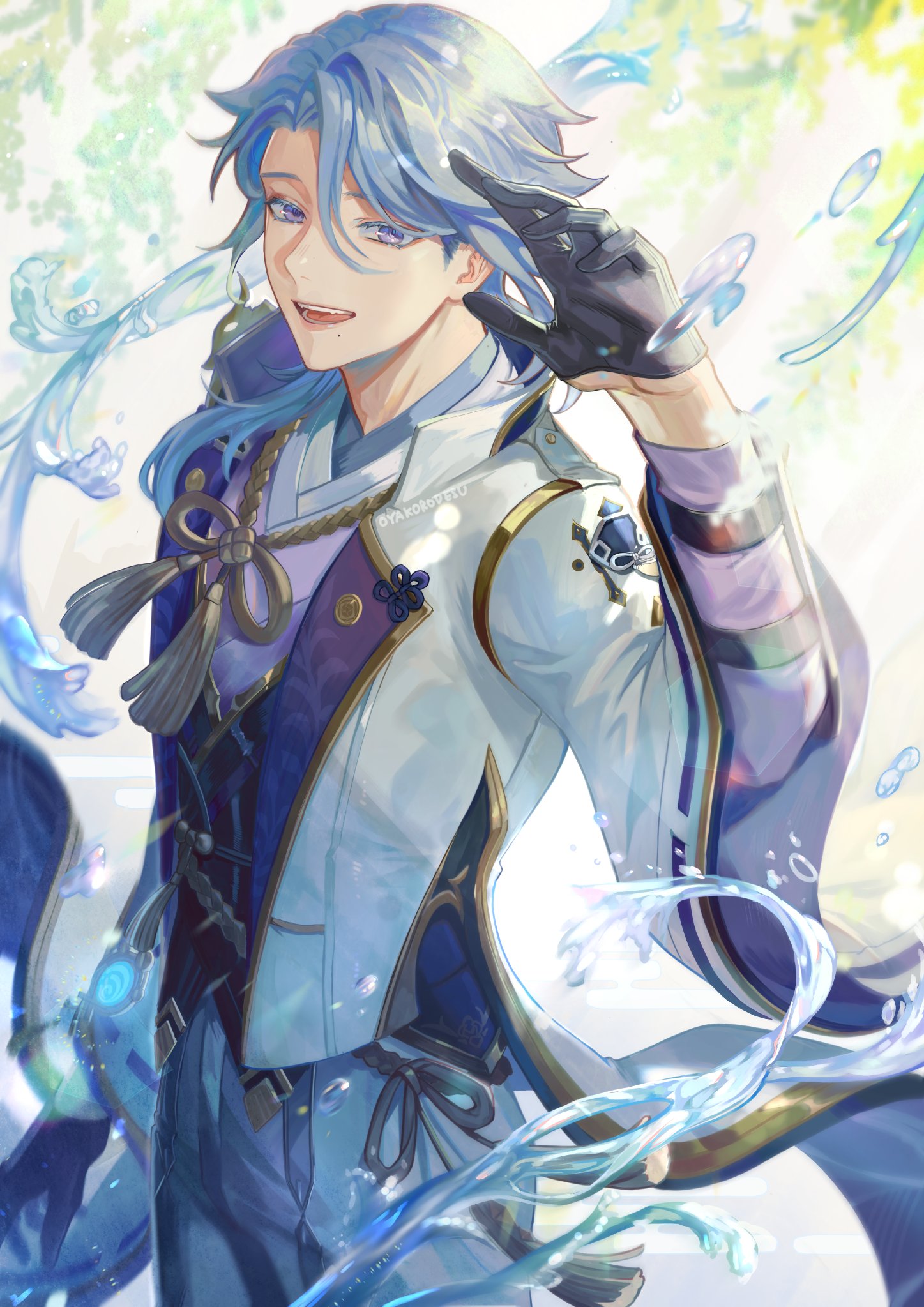 this is a digital art illustration of an anime male character with blue hair and a white and blue outfit smiling and looking at the viewer. he has water flowing around him, and he appears to be in a fantasy setting.