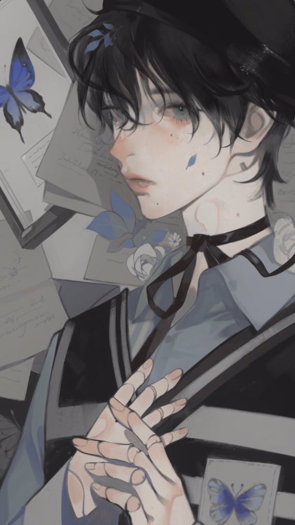 a closeup portrait of an anime boy sitting with his hands in his lap. he has blue hair and eyes. he's wearing a black and white collar, a black and white striped shirt, and has a blue butterfly on his shoulder. he's looking down with a sad or thoughtful expression. he is sitting on a grey background with a blue butterfly behind him.