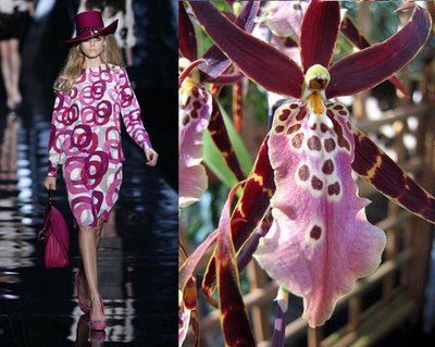 the image shows a fashion model wearing a pink and white dress with an abstract pattern. she is also wearing a hat and shoes. the model is walking down a runway. the background features a beautiful pink and purple orchid with brown and white spots. the image showcases the beauty of fashion and nature.