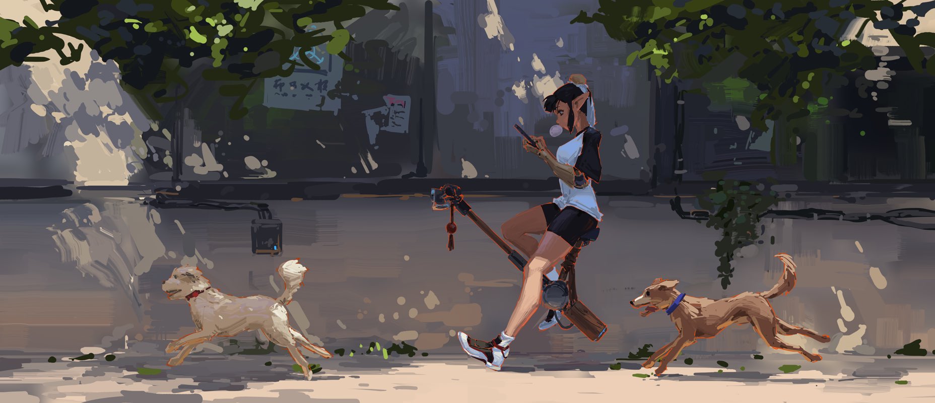 a digital painting of a young woman with elflike ears, dressed in casual clothing, riding a broomstick while looking at her phone. two dogs run alongside her. the scene is set in an urban environment with buildings, trees, and sunlight creating shadows. the overall style is playful and carefree, with a mix of anime/manga and fantasy elements.