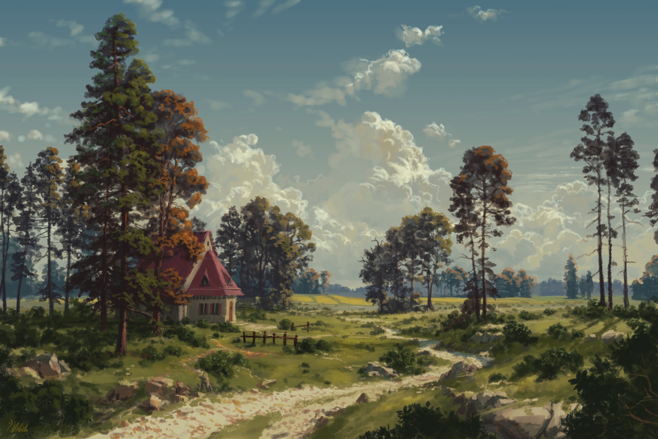 the painting showcases a serene landscape with a small, charming house nestled amidst a clearing in a forest. a dirt path meanders through the scene, inviting the viewer to explore the idyllic setting.  towering pine trees frame the composition, while fluffy white clouds dot the vibrant blue sky.  the overall atmosphere evokes a sense of peace and tranquility.