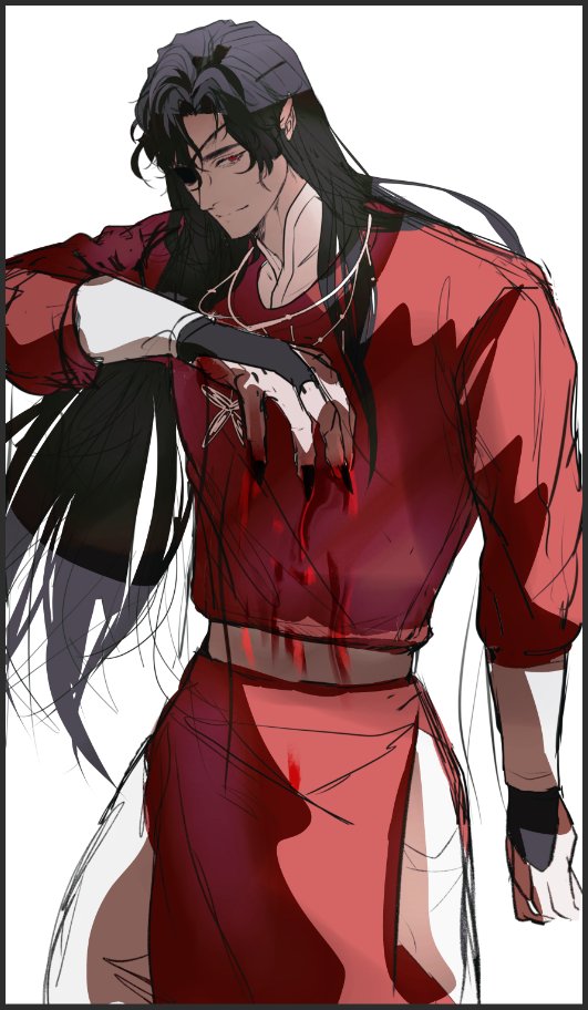 the image is a digital illustration of an anime male character with long black hair and red clothing. he is standing with his hand clutched to his chest, which is bloody from what appear to be claw marks. his expression is serious, and he appears injured.  the character is against a white background.