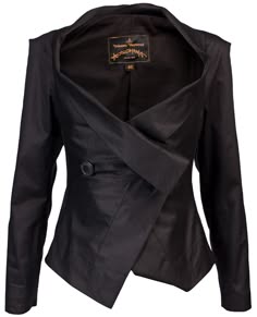 a black women's blazer with a wrap style, long sleeves, and a single button closure. it has a more contemporary design with a slightly offkilter asymmetrical front.