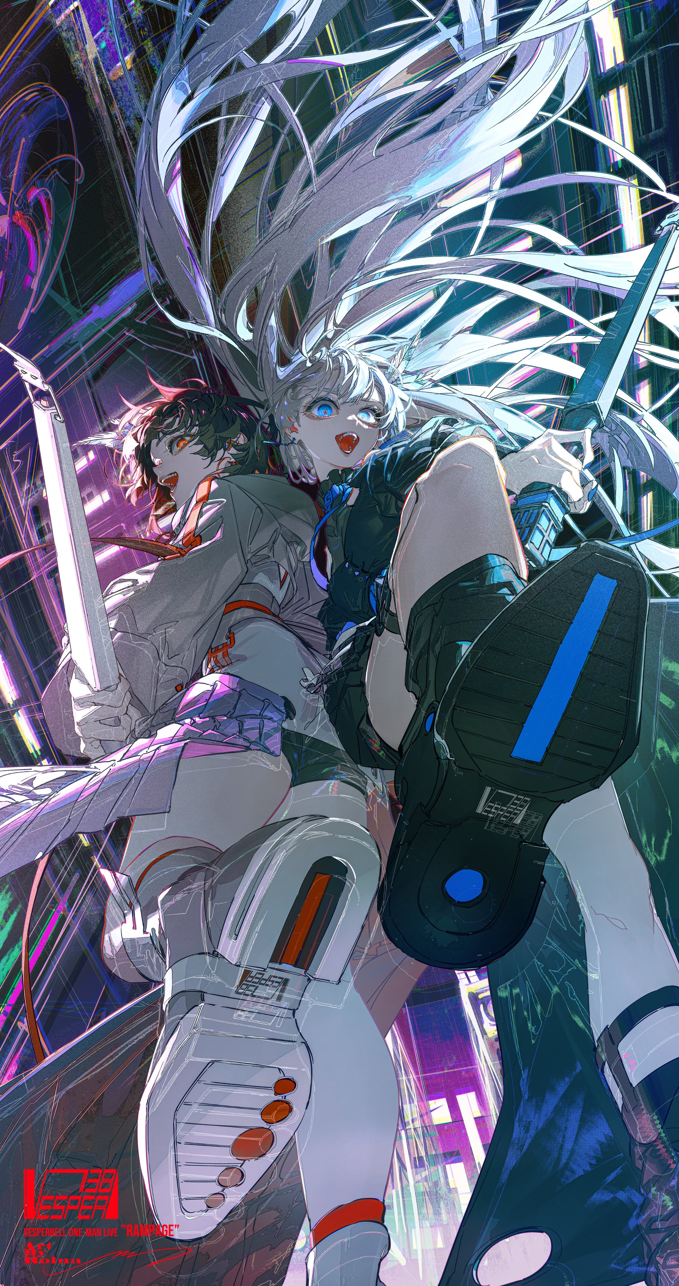 the image features two anime girls in futuristic clothing, set in a colorful and digital cyberpunk cityscape. the girl in the foreground has long white hair and wears a black outfit, while the girl in the background has brown hair and wears white clothing. they are both armed with weapons, and the image is filled with action and energy. the style is highly detailed and colorful, with a strong sense of movement and dynamism.