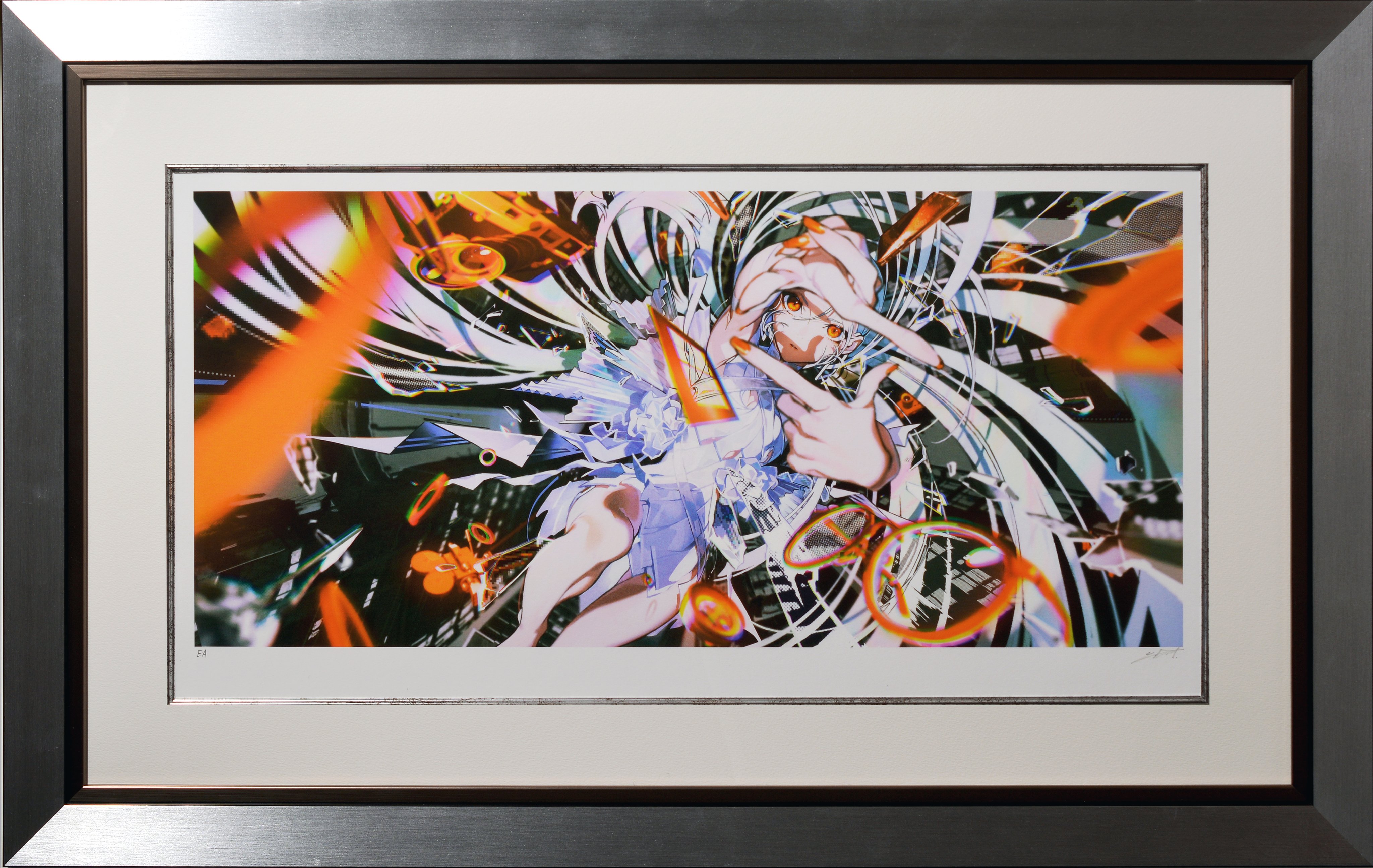 a framed anime artwork featuring a girl with long white hair and a blue and white dress, set against a vibrant abstract background with swirling lines and shapes in shades of orange, white, and black. the perspective is from above, giving a dynamic and energetic feel to the composition.