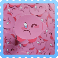 the image shows a closeup view of a pile of pink kirby stickers.  the stickers depict kirby with various expressions, mostly sad faces with tears, but one kirby in the center is winking while also appearing slightly sad. the overall style is cute and chibilike, consistent with the kirby character design. the numerous stickers create a dense, pink background. the image is framed with a lightblue scalloped border.