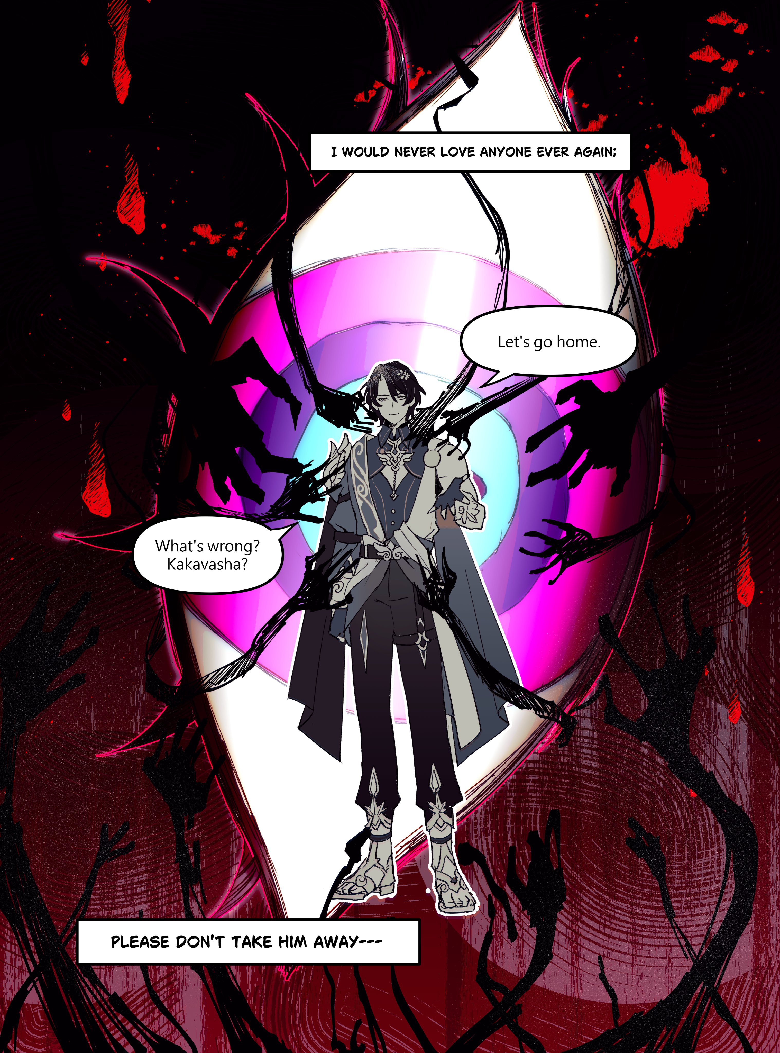 the image is a scene from an anime or manga. it depicts a young man with dark hair and wearing a white shirt with a black vest and black pants standing in the center of a swirling vortex of pink and blue. the man's face is filled with sadness and despair. the vortex is surrounded by shadowy hands reaching out to him, with his expression reflecting fear, sorrow, and potential danger. the  background is dark and ominous, with the color palette of red and black contributing to the overall sense of dread.  the image seems to suggest that the man is trapped in a nightmare or is being pulled into a dangerous world. the  text boxes in the image suggest that the man is desperate and wants to go home. the image is a powerful and haunting portrayal of fear and despair.