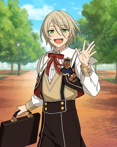 a blonde anime boy in a black, white, and gold uniform. he has green eyes and is smiling and waving. he's holding a briefcase in his left hand. there are green trees and a path behind him.