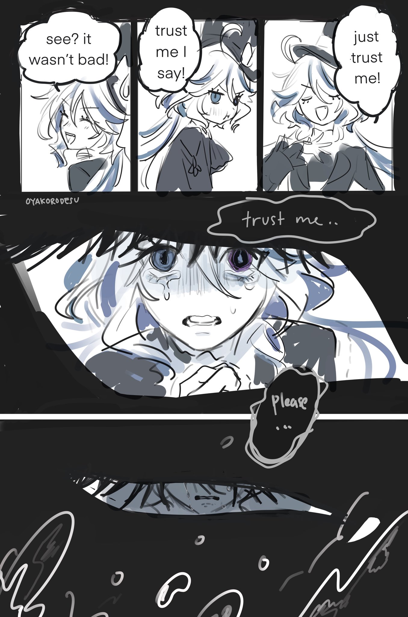 the image is a comic strip depicting a young girl, with large, frightened eyes, pleading with another girl to trust her. the words "trust me" are written in a speech bubble above her, and the words "please" are written below her. the background of the comic is dark and ominous, which suggests the girl is in danger. the characters' expressions are exaggerated, which is typical of mangastyle artwork. the girl's pleading expression and the dark background suggest that something is terribly wrong.