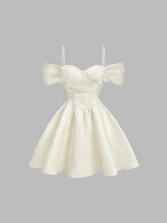 a beautiful white dress with off the shoulder straps and a sweetheart neckline. the bodice is made of tulle with ruffles and the skirt is flowy and flouncy. this dress is perfect for a prom, wedding, or any special occasion.