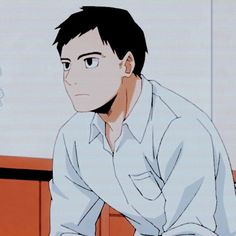 an anime character drawn with a side profile. he has dark hair and is wearing a white, collared shirt. he appears to have a concerned expression on his face. the background suggests he is indoors.
