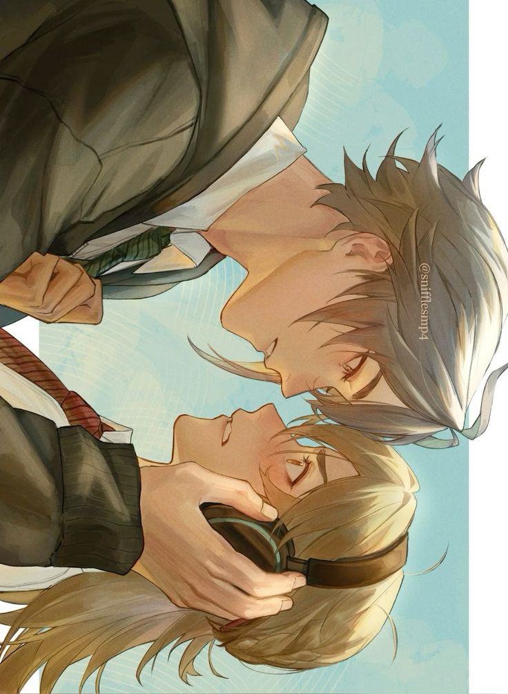 the image is a digital painting or illustration in an anime style, depicting a tender moment between two young men. they are very close, almost touching foreheads, their eyes closed, suggesting intimacy. one is wearing a dark suit and tie, suggestive of a school uniform or business attire, while the other has long hair and is wearing headphones, which are partially covered by the hand of the man in the suit. the background is light and airy, with soft pastel colours that add to the gentle and romantic mood.  the style is soft and dreamy, with the focus on the close emotional connection between the two characters. the overall feeling is one of affection and quiet love.