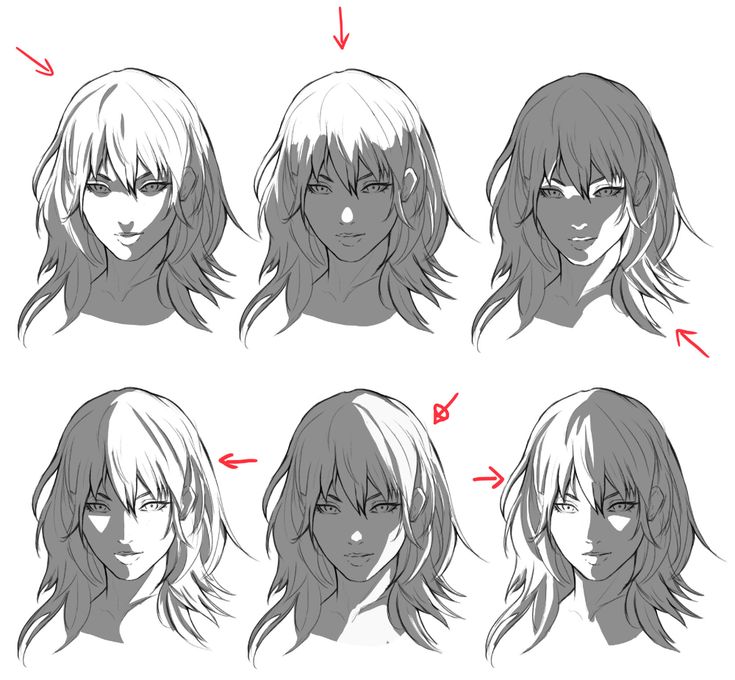 the image is a black and white illustration tutorial depicting six variations of a woman's face with different lighting scenarios. each variation showcases the impact of light direction on the face and hair, creating different shadows and highlights that add depth and dimension to the portrait. the tutorial utilizes a soft light approach with subtle transitions, illustrating how to effectively shade and highlight for a realistic depiction of light and shadow.