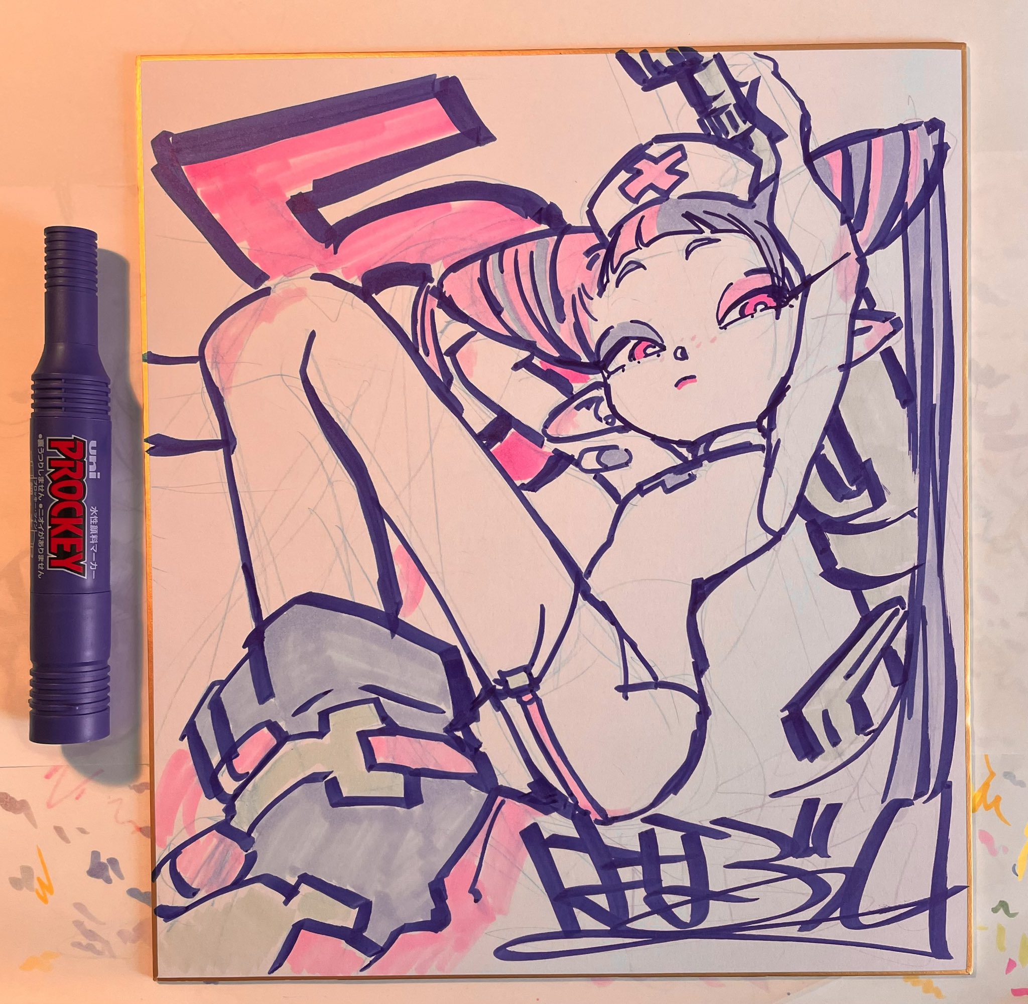 the image is a brightly colored sketch of an anime girl in a stylized nurse outfit with horns laying down. the style of the image gives the impression of concept art. there is a signature in the bottom right corner. there is a purple marker to the left of the image which seems to have been used in the drawing's creation. the background of the image is a white surface with colorful paint splatters on it.
