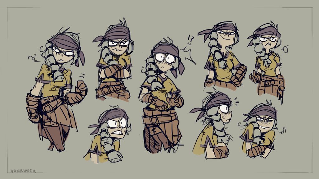 a series of nine drawings showcasing the same female character in different poses and with various facial expressions. the character is drawn in a cartoon style and is wearing a bandana, a shortsleeved shirt, and pants with knee pads. she has a braid over her shoulder. the drawings are in black and white with shades of gray.