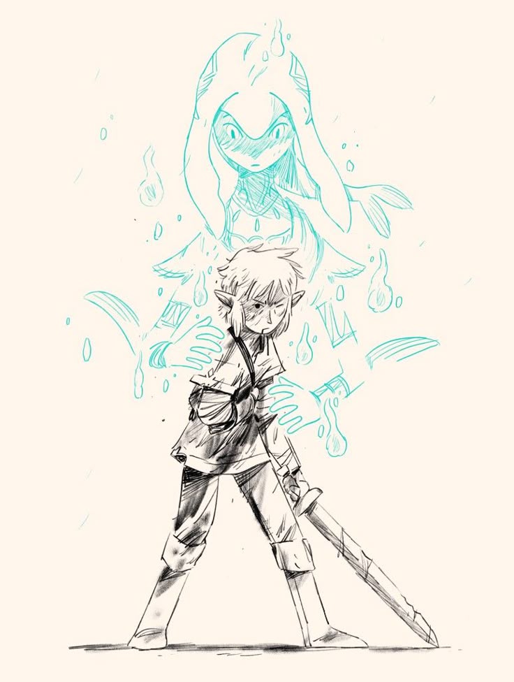 the image is a sketch of link standing with his sword drawn, with the spirit of mipha standing behind him. mipha is drawn in blue lines, suggesting she is a spirit or ethereal being. link is rendered in more detail with darker lines, indicating he is a solid figure.