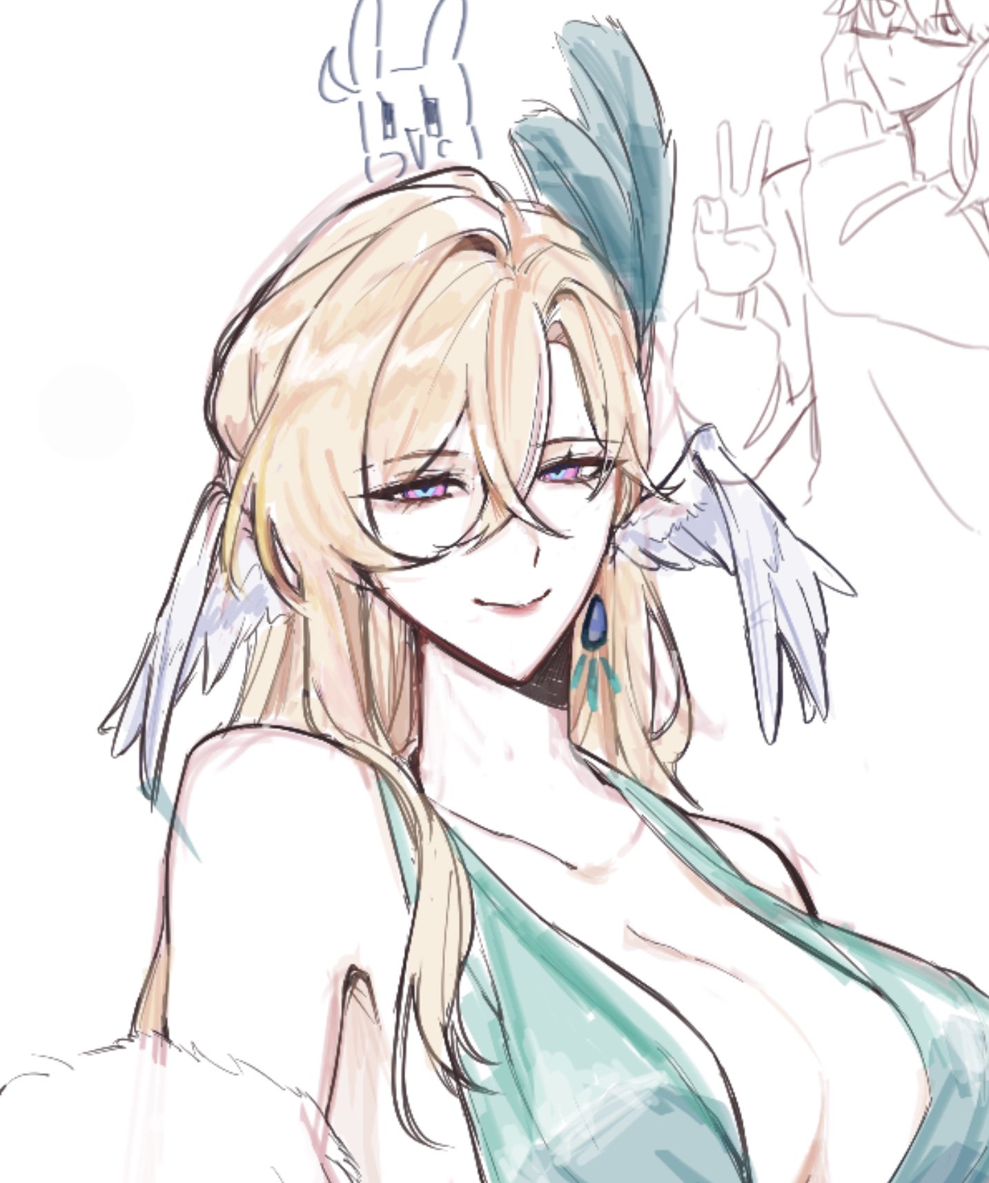 the image is a digital illustration of a beautiful anime girl with long blonde hair and blue eyes. she is wearing a stylish green dress with feathers. the background is blurry and shows another person who is not fully visible. the overall style is very feminine and elegant. the image seems to be a sketch or a draft for a larger artwork.