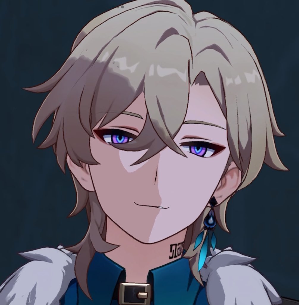 a closeup of a young anime boy named scaramouche from genshin impact. he has blonde hair, blue eyes, a smirking expression and is wearing a blue shirt with a white collar and fluffy white collar, a feather earring and a tattoo on his neck. he is looking at the viewer.