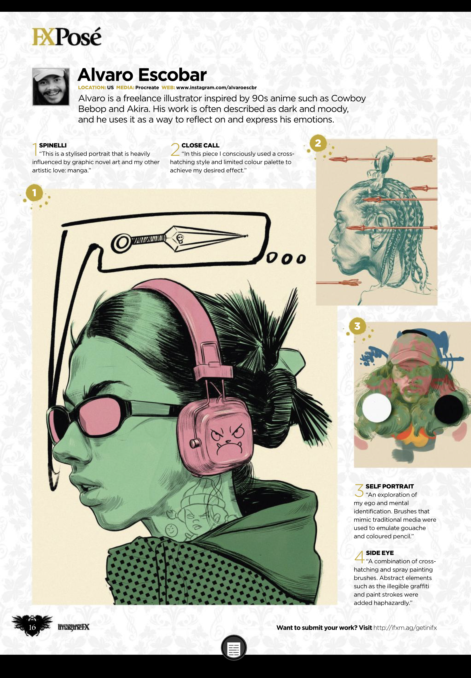 this image is an interview with a freelance illustrator alvaro escobar. the image shows 4 of his artwork with descriptions of his art style and inspiration. he is a freelance illustrator inspired by 90s anime such as cowboy bebop and akira.  the image includes a self portrait, side eye, a stylized portrait and close call.