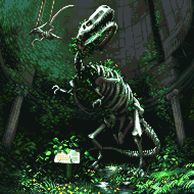 the image is a pixel art illustration depicting a tyrannosaurus rex skeleton completely overgrown with lush vegetation.  the skeleton stands in what appears to be the ruins of a museum or similar structure, with classical architectural elements visible in the background.  the scene is dark and moody, conveying a sense of age and decay.  a smaller, intricate skeletal structure is visible hanging from the ceiling in the upper left corner, adding to the overall atmosphere of a forgotten, overgrown place where nature has reclaimed a relic of the past. the pixel art style lends a retro, vintage video game aesthetic to the piece.  a small sign is visible near the base of the dinosaur.