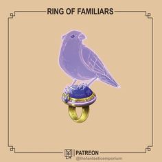 the image showcases a digital illustration of a "ring of familiars." it features a spectral, light purple bird perched atop a gold ring. the ring is adorned with a large, round, dark purple gemstone. the style is reminiscent of fantasy illustrations, suggesting the ring's magical nature and purpose as a tool for summoning familiars. the background is a soft, light brown, complementing the purple hues of the bird and gem.