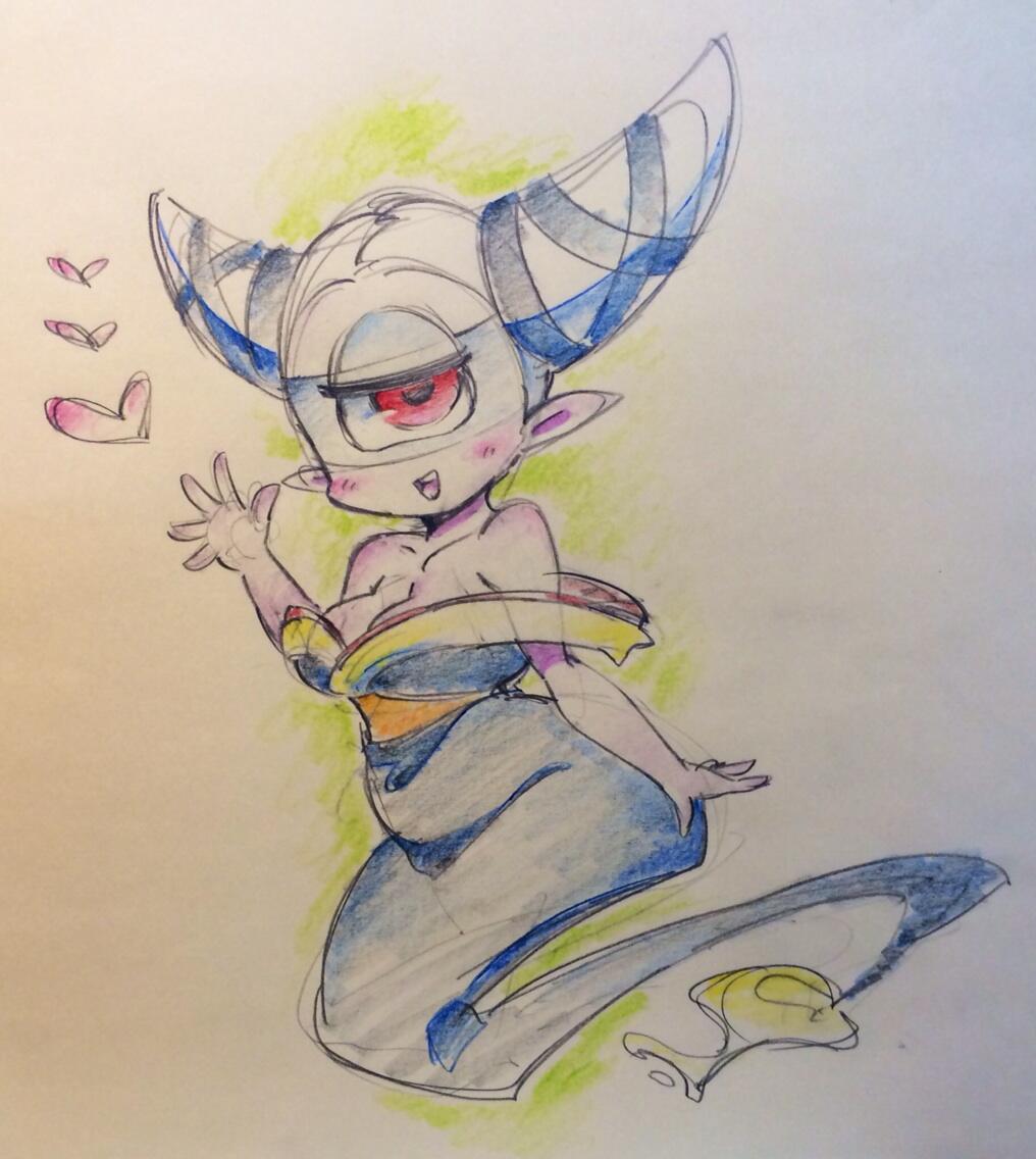 a drawing of a cute, cyclops monster girl with striped horns and a single red eye.  she's wearing a blue dress with a yellow sash and has a playful, happy expression with hearts floating around her. she appears to be floating.