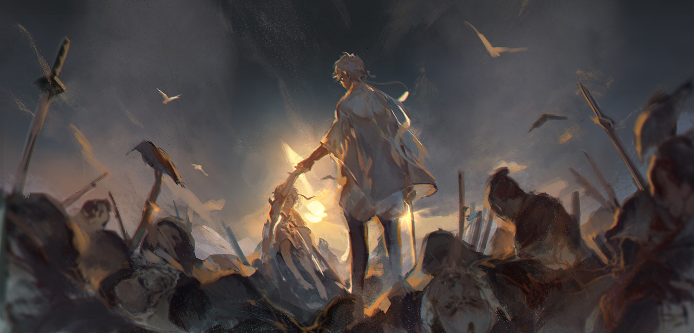 he artwork depicts a poignant scene set on a battlefield at sunset.  the ground is littered with fallen soldiers, their forms indistinct yet conveying a sense of loss and devastation.  amidst the chaos, a young man and woman, handinhand, walk towards the setting sun.  the man is dressed in lightcolored robes, while the woman's attire is less distinct, but also seems simple. they are silhouetted against the fiery sky, creating a strong contrast and symbolic representation of hope amidst despair.  birds fly above, adding to the atmospheric mood. swords and spears are scattered across the battlefield, indicating a recent battle. the overall style is painterly and stylized, with visible brushstrokes and a focus on mood and emotion rather than photorealism. the color palette is muted with warm sunset tones dominating. the piece conveys a strong sense of both the destruction of war and the resilience of the human spirit.