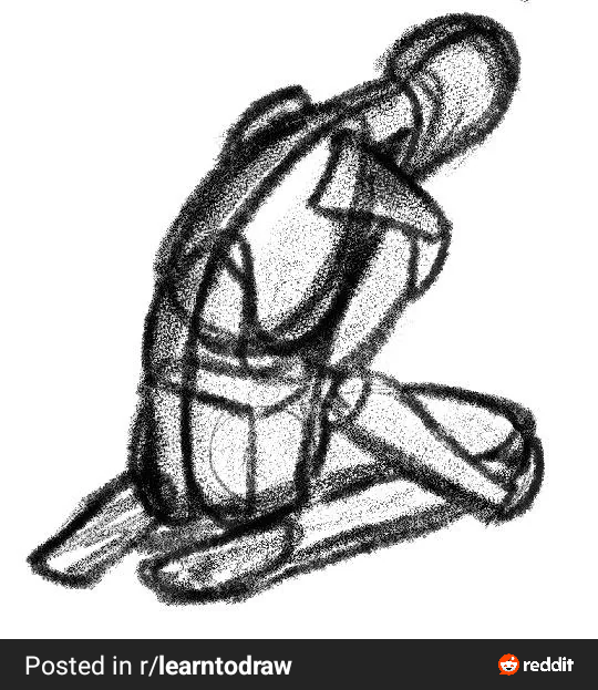 a black and white drawing of a figure sketch. it is a drawing of a male figure kneeling down with his head and torso bent over. it is a simple gesture drawing with little detail, and a lot of shading.