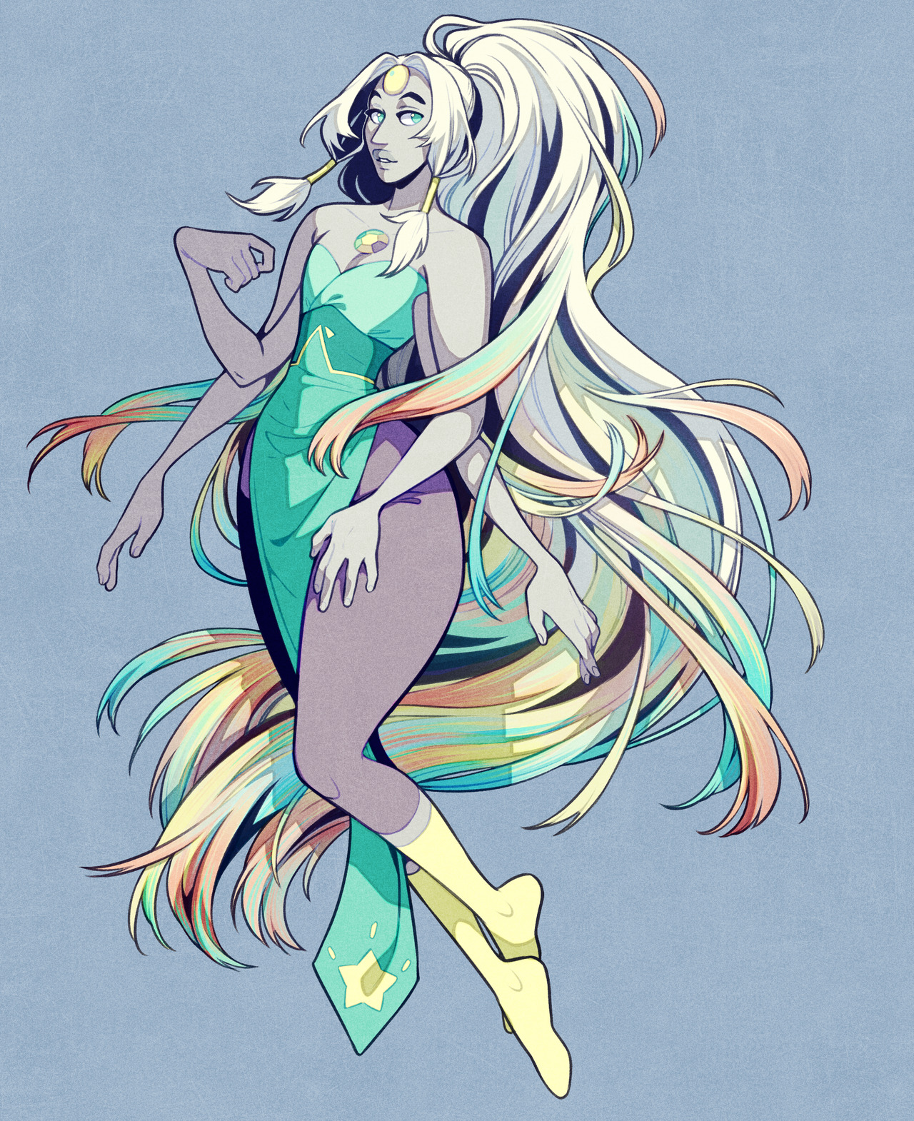 the illustration depicts opal, a character from the animated series steven universe. opal is a tall and slender woman with four arms and long, flowing white hair streaked with rainbow colors. she is a fusion of the gems amethyst and pearl. opal wears a turquoise dress with a starshaped cutout on the chest and matching socks. she has gray skin and a serene expression. the background is a solid bluegray color.