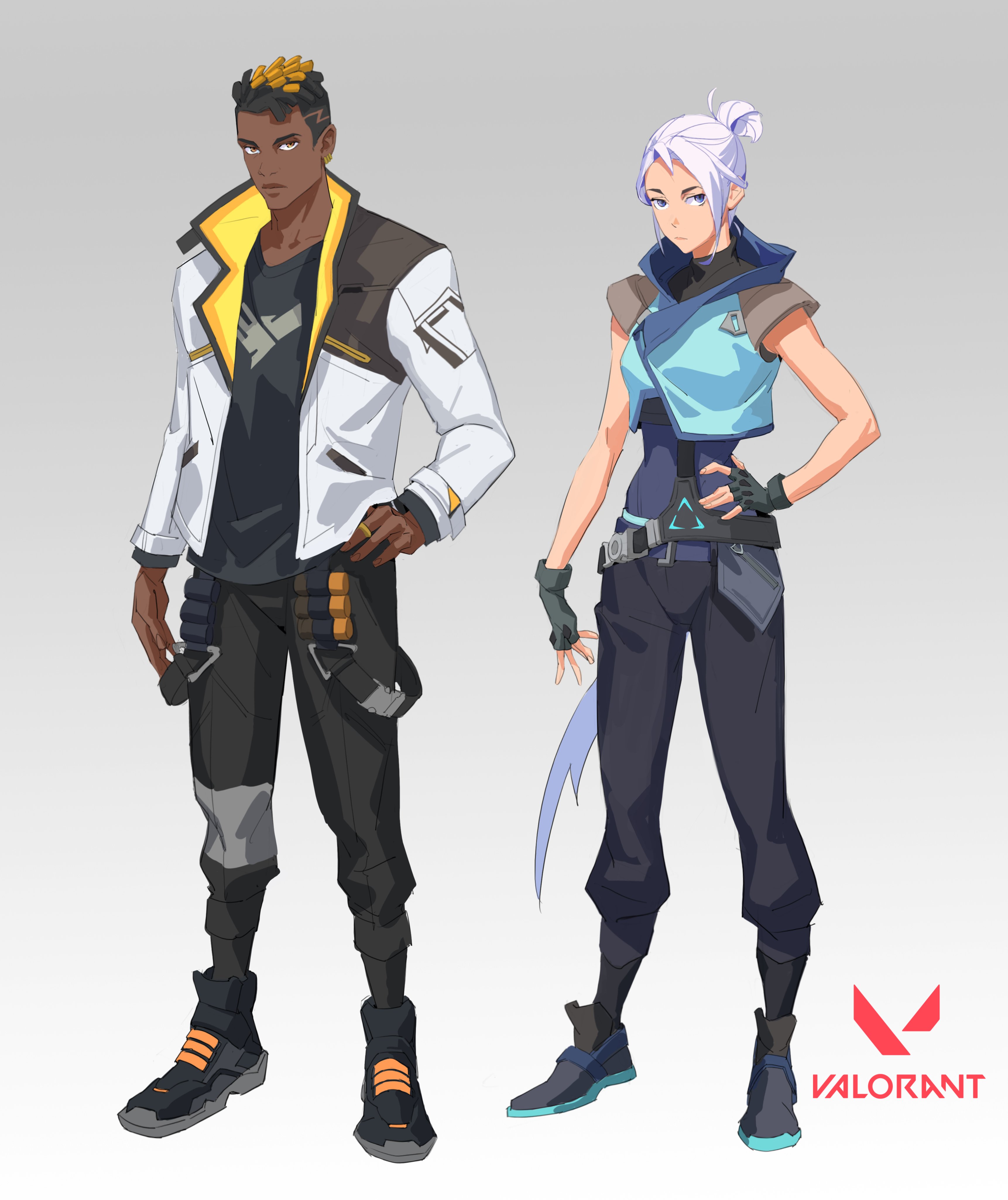 the image showcases concept art for two characters from the video game valorant.  the art style is animeinfluenced, with a focus on clean lines and vibrant colors.  on the left, a male character is depicted wearing a white and yellow jacket, dark pants, and athletic footwear. he has short, styled yellow hair and dark skin.  on the right, a female character is shown in a sleeveless, teal and dark blue outfit with dark pants and similar athletic shoes. she has short, white hair styled in a bun. both characters have a futuristic and slightly cyberpunk aesthetic to their clothing. the valorant logo is subtly displayed in the bottom right corner.  the background is a simple, light grey, drawing attention to the characters.