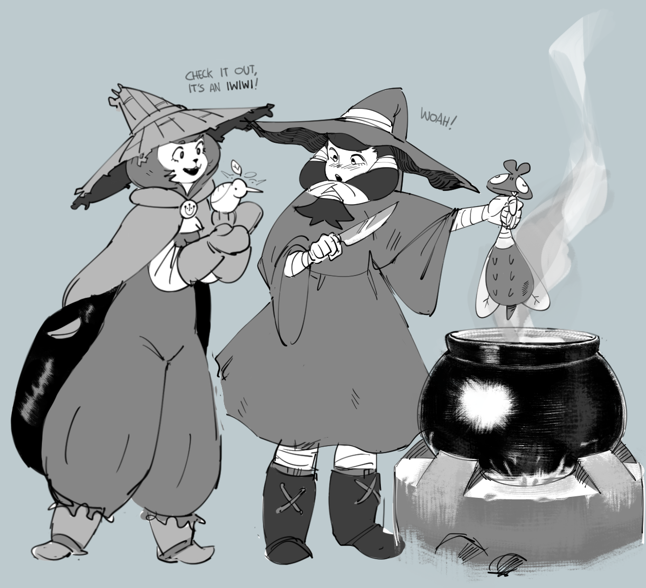 a black and white drawing of two witches.  the witch on the left is wearing a hat with a large brim and a cape. she is holding a small bird. the witch on the right is wearing a pointed hat and is holding a knife and a bird over a cauldron.  there are smoke and flames under the cauldron.  the drawing has a whimsical and charming quality.