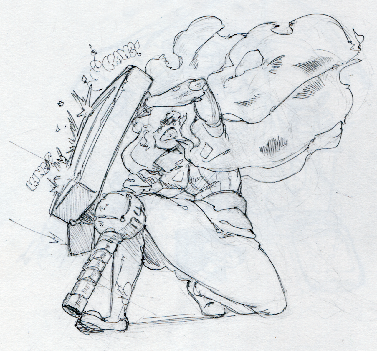 this is a pencil sketch of a fantasy warrior character in the middle of a battle. they are wielding a weapon that looks like a sword and shield, and are in a dynamic pose with their cape billowing behind them. there is an explosion around them, suggesting that they are in the middle of a fight. the sketch is drawn in a loose and energetic style, giving the impression of movement and action.